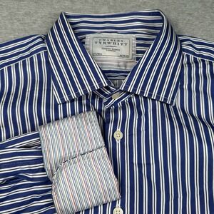 Charles Tyrwhitt Blue White Striped Dress‎ Shirt 17.5x38 Long Sleeve Cotton